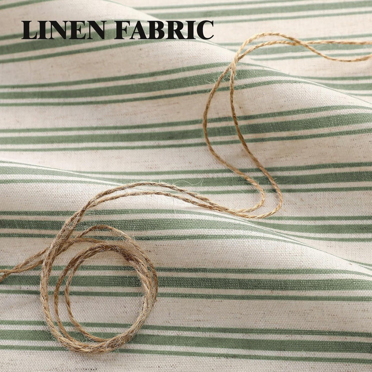 Farmhouse Shower Curtain Ruffle Linen Cream-Green Stripe 72"W x 72"L