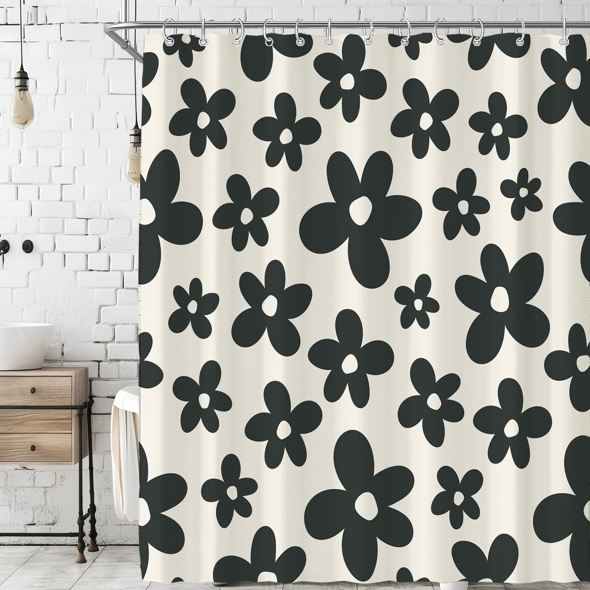 Black Cute Retro Floral Abstract 70s Aesthetic 72W*72H Inch Shower Curtain