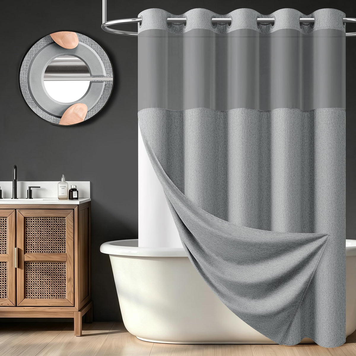 BTTN Cream Ringless Linen Textured Shower Curtain with Snap in Liner, 72x75