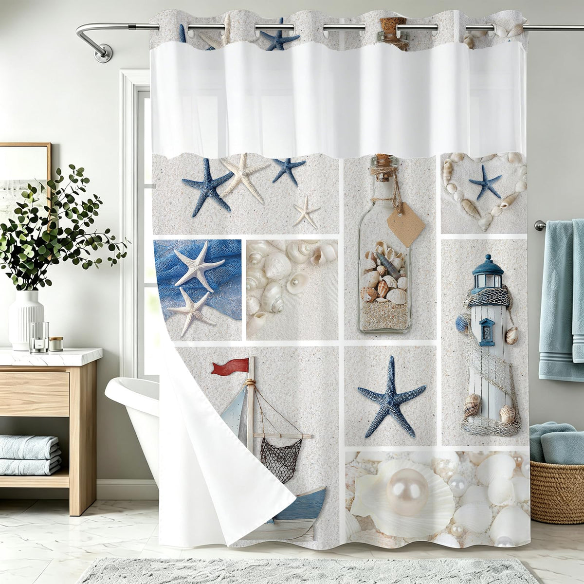 Nautical Green Sea Turtles Beach Theme Fabric Shower Curtain Sets Bathroom Blue Ocean Decor with Grommets and Hooks - 72 x 72 Inch Teal