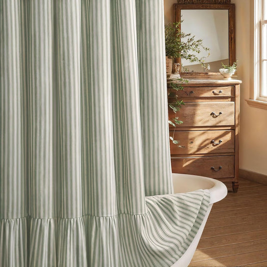 Farmhouse Shower Curtain Ruffle Linen Cream-Green Stripe 72"W x 72"L