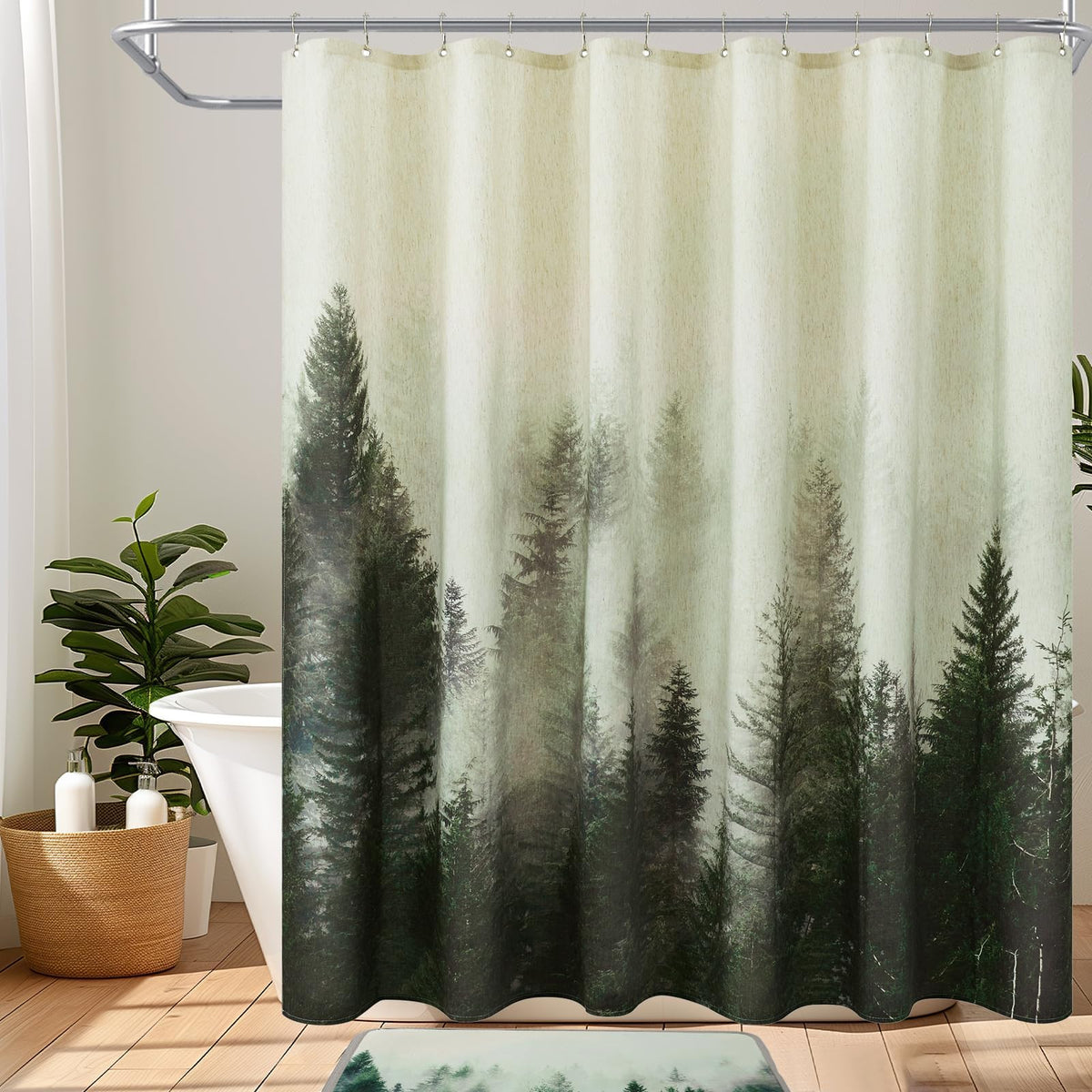 ORTIGIA Black and White Misty Forest Shower Curtain for Bathroom, Nature Woodland Curtain Set with Hooks, Decorative Pine Tree Fog Magic Bath Decor for Home Weighted, 72x72