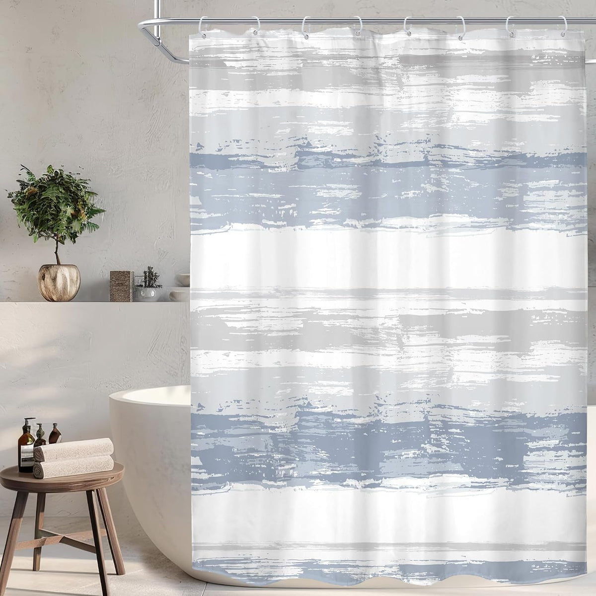 Abstract Blue Modern Gray Striped Minimalist Bathroom Shower Curtain Set