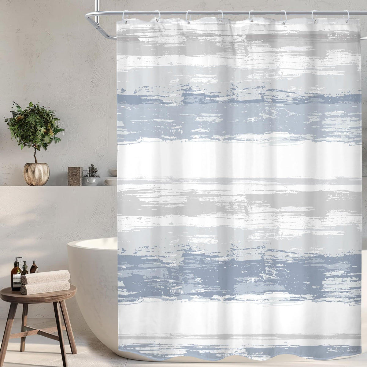 Abstract Blue Modern Gray Striped Minimalist Bathroom Shower Curtain Set