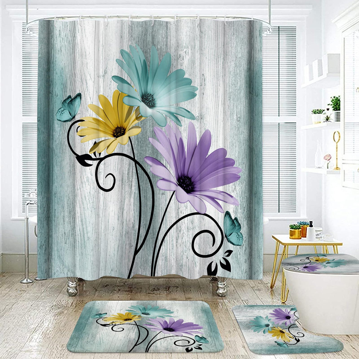 Onalasyc 4PCS Teal Daisy Floral Bathroom Sets with Shower Curtain and Rugs