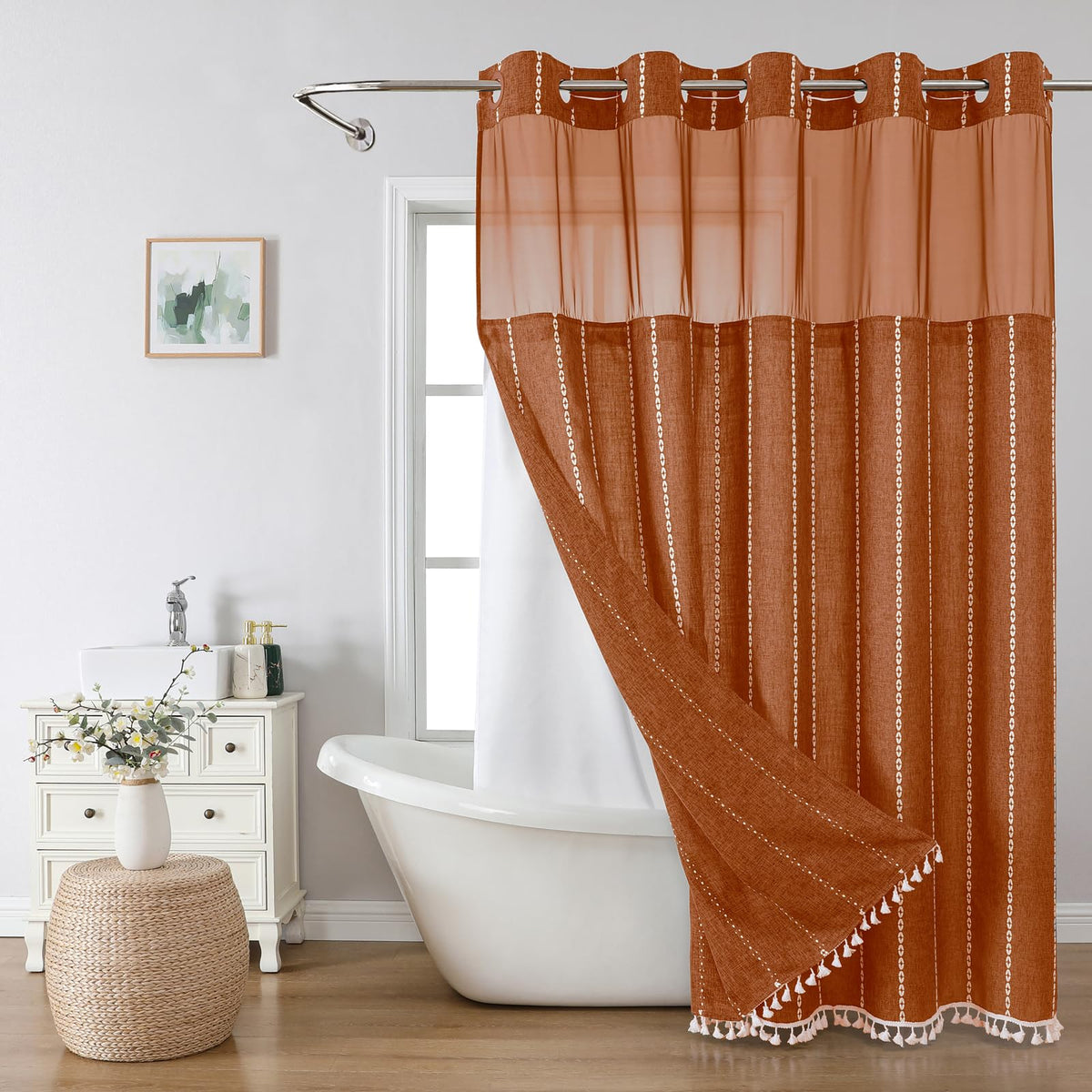 eachope Boho Farmhouse No Hook Shower Curtain Set with Snap-in Fabric Liner,Heavy-Duty Linen Textured Rustic Striped Design,Water-Repellent with Tassels and Sheer Window,Tan/Taupe,71x74