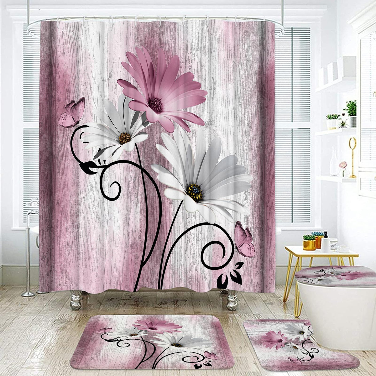 Onalasyc 4PCS Teal Daisy Floral Bathroom Sets with Shower Curtain and Rugs