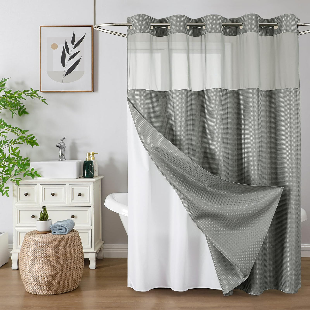 Colorful Star Sage Green No Hook Waffle Shower Curtain Set, 72 x 75 Inch