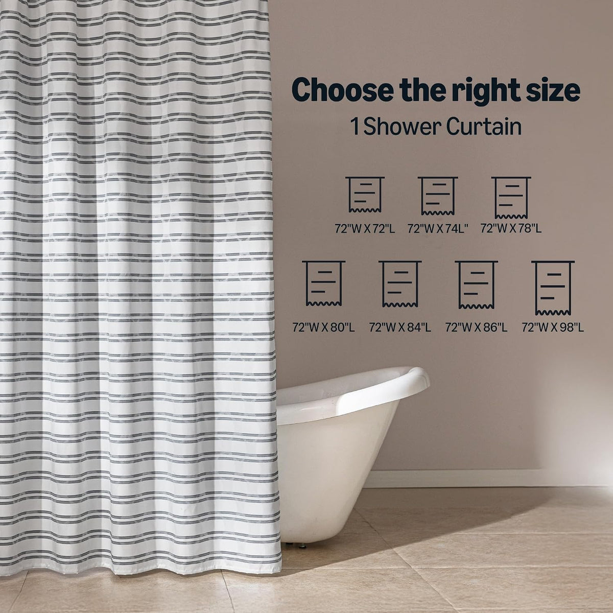 Amazon Basics Geometric Jacquard Fabric Shower Curtain for Bathroom, Lightweight, Water Repellent and Washable, 72" W x 72" L, Grey Striped