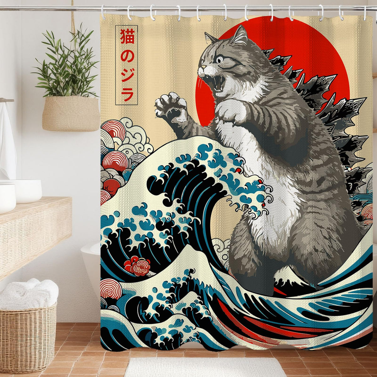 Funny Japanese Cat Funky Anime Japan Bathroom Shower Curtain, 72x72