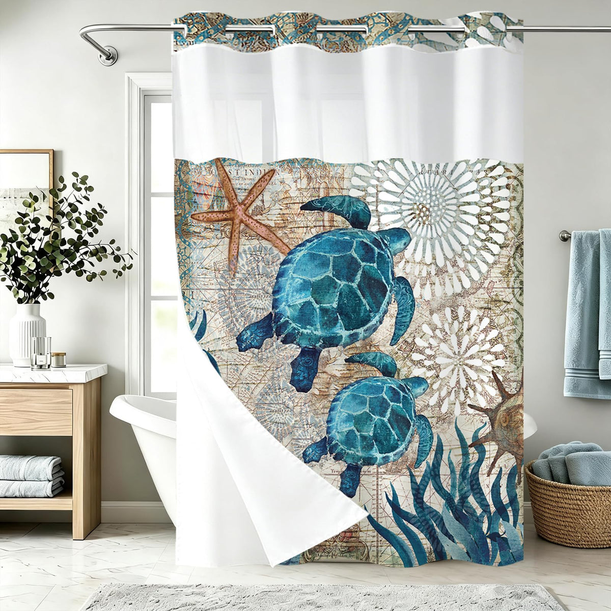 Nautical Green Sea Turtles Beach Theme Fabric Shower Curtain Sets Bathroom Blue Ocean Decor with Grommets and Hooks - 72 x 72 Inch Teal
