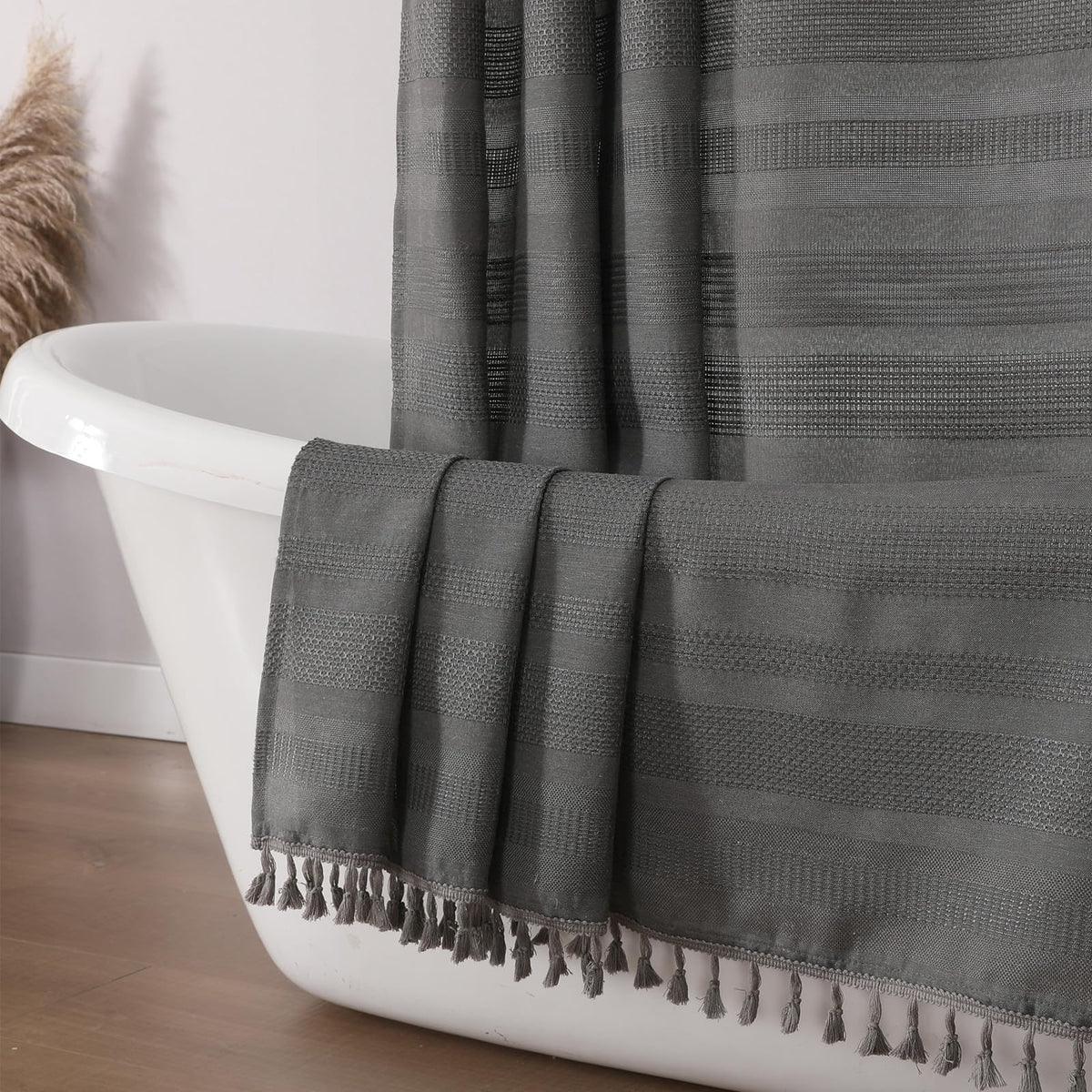 OVZME Natural Linen Shower Curtain for Bathroom, Boho Farmhouse Rustic Striped Shower Curtain with Tassel, Textured Heavy Duty Vintage Country Bathroom Curtain, 72Wx72L Inches