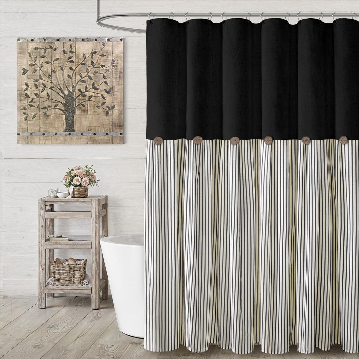 Farmhouse Shower Curtain Linen Beige Button Brown Stripe 72"W x 72"L