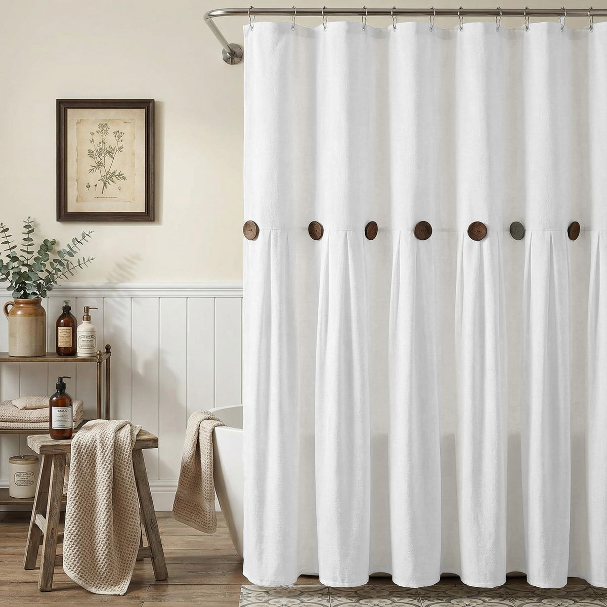 Farmhouse Shower Curtain Linen Beige Button Brown Stripe 72"W x 72"L