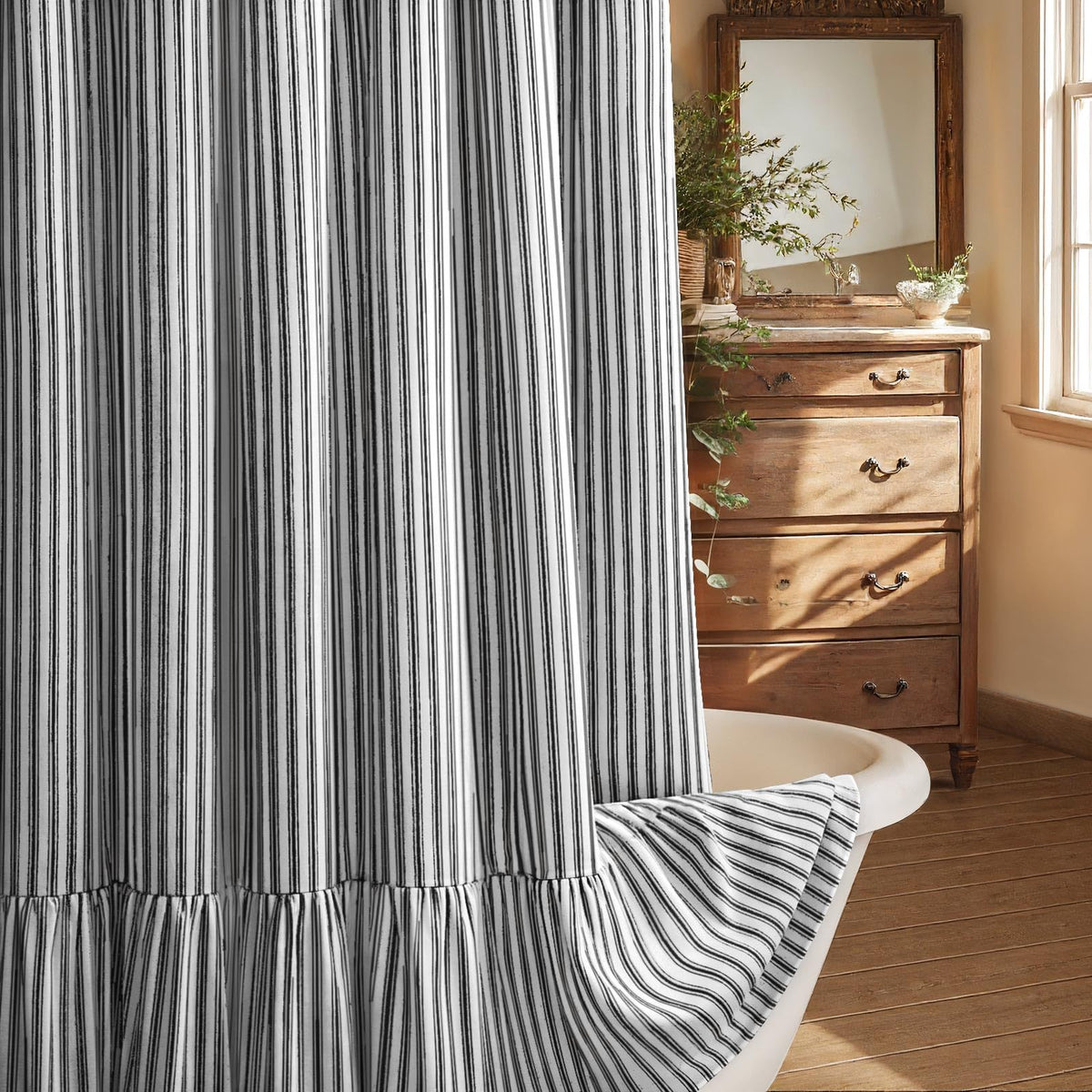 Farmhouse Shower Curtain Ruffle Linen Cream-Green Stripe 72"W x 72"L