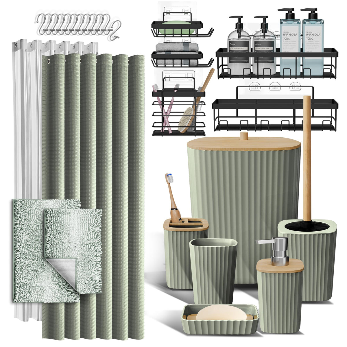 Clara Clark Black Bathroom Set, Shower Curtain Set, Bathroom Accessory Set