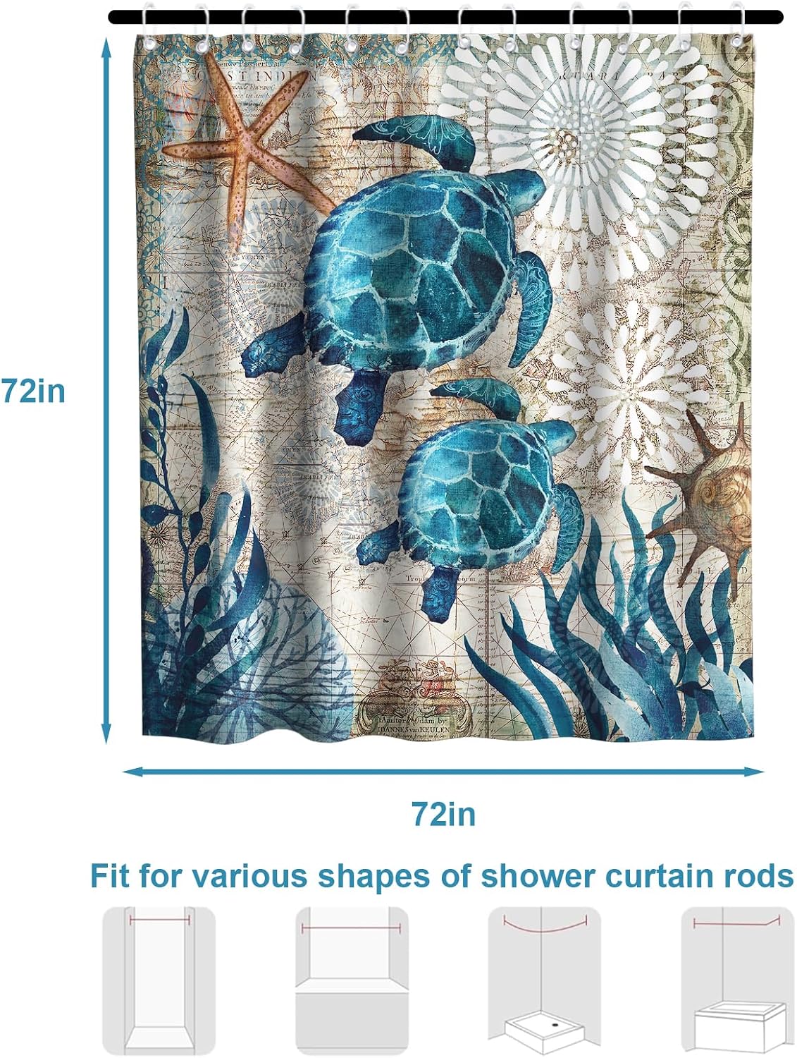 Nautical Green Sea Turtles Beach Theme Fabric Shower Curtain Sets Bathroom Blue Ocean Decor with Grommets and Hooks - 72 x 72 Inch Teal