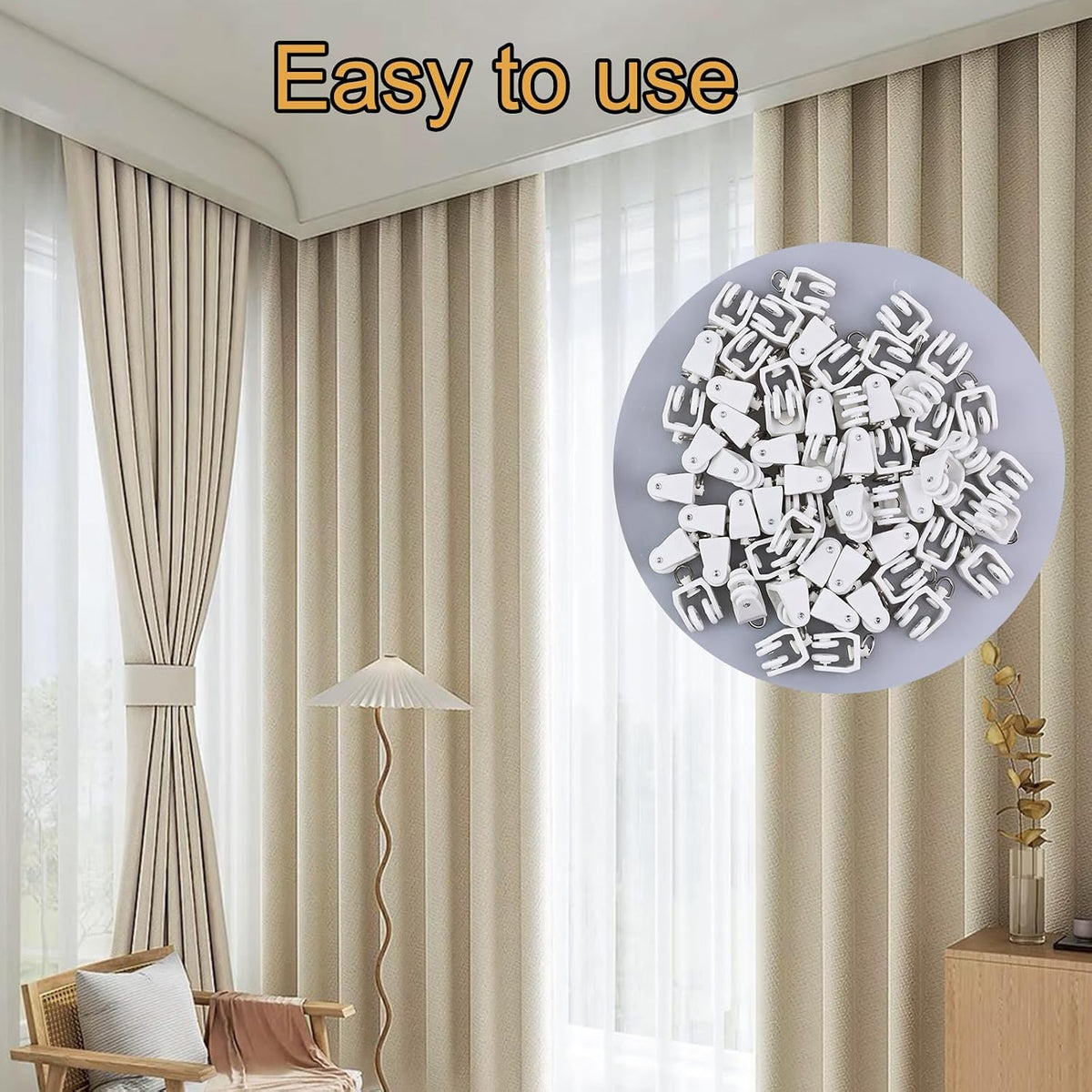 Heran Ceiling Curtain Track Hooks and Rollers Set, 60 Pieces Stainless Steel S-Type Hooks with Plastic Track Rollers for Smooth Curtain Movement
