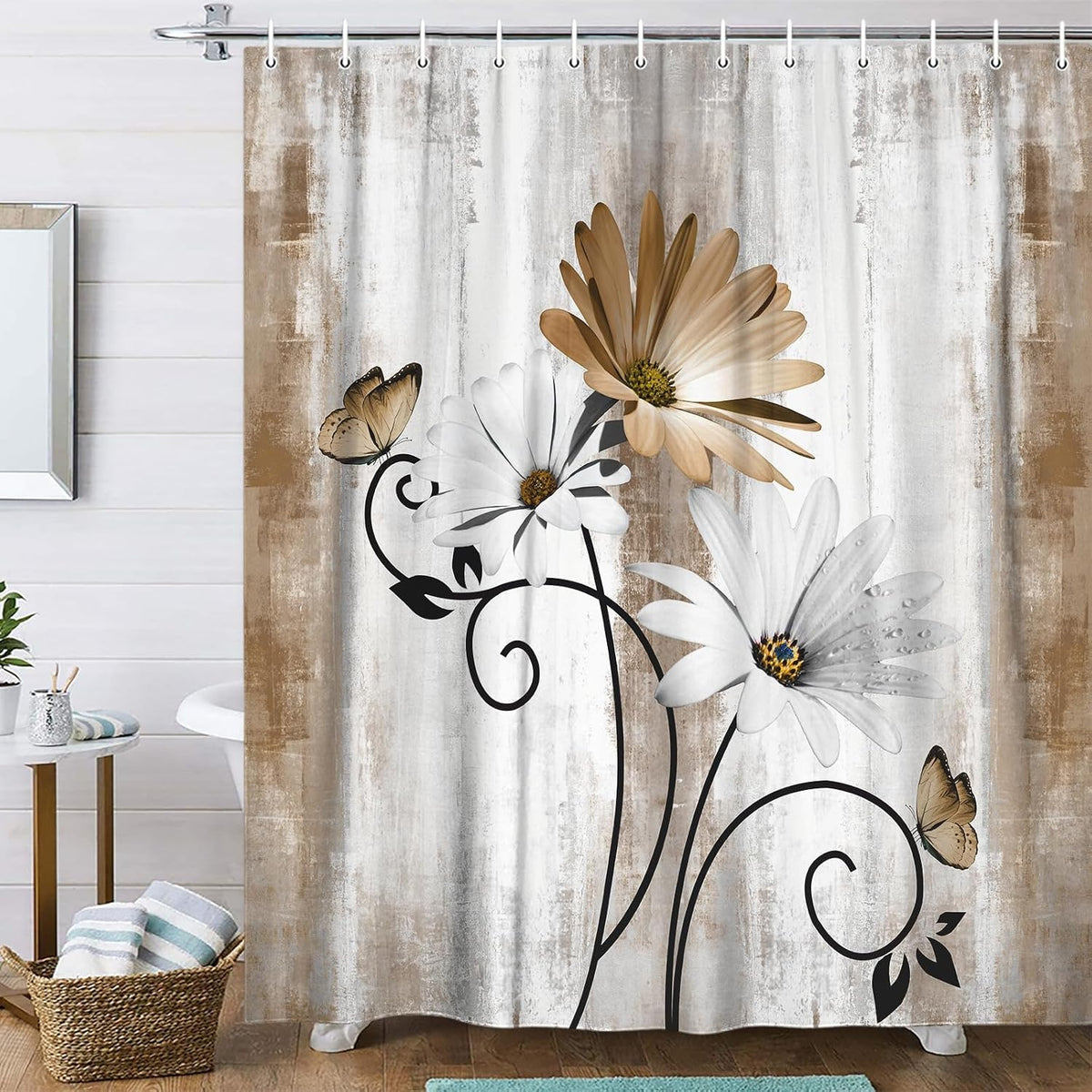 Rustic Farmhouse Shower Curtain, Farm Tan Cream Daisy Floral Flowers and Butterfly on Country Wooden Shower Curtains for Bathroom, Beige Brown Home Decor with 12PCS Hooks, 70X70IN