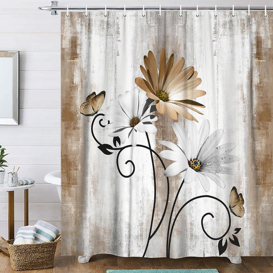 Rustic Farmhouse Shower Curtain, Farm Tan Cream Daisy Floral Flowers and Butterfly on Country Wooden Shower Curtains for Bathroom, Beige Brown Home Decor with 12PCS Hooks, 70X70IN