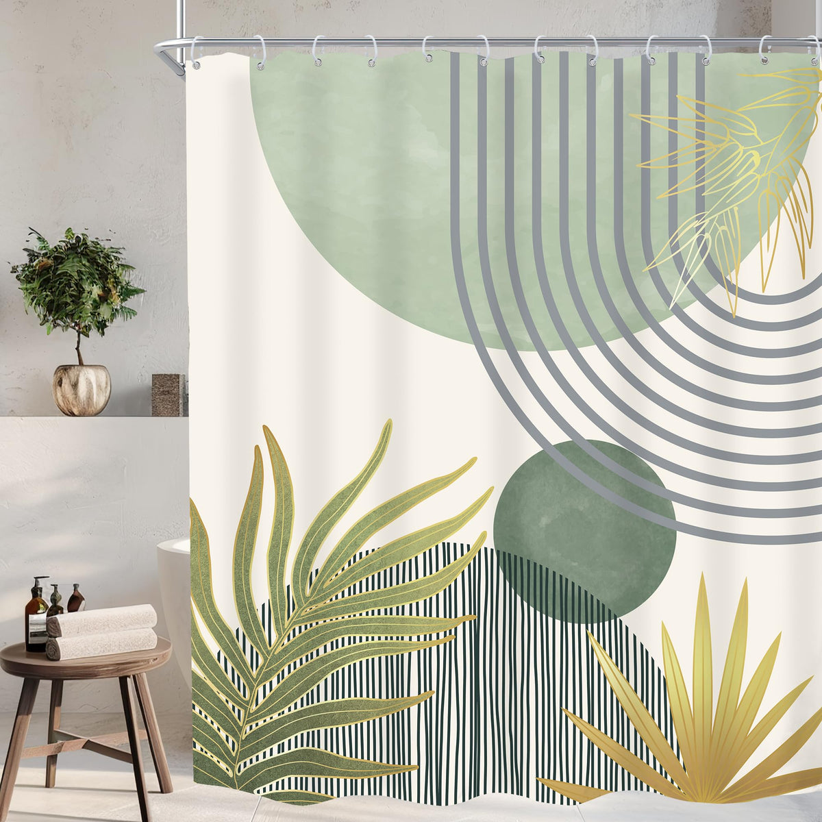 KOMLLEX Mid Century Green Boho Shower Curtain, Abstract Modern Shower Curtains for Bathroom, Plant Botanical Minimalist Leaf Arch Sun Fabric Liner Waterproof Polyester 12 Pack Hooks 60Wx72L Inches