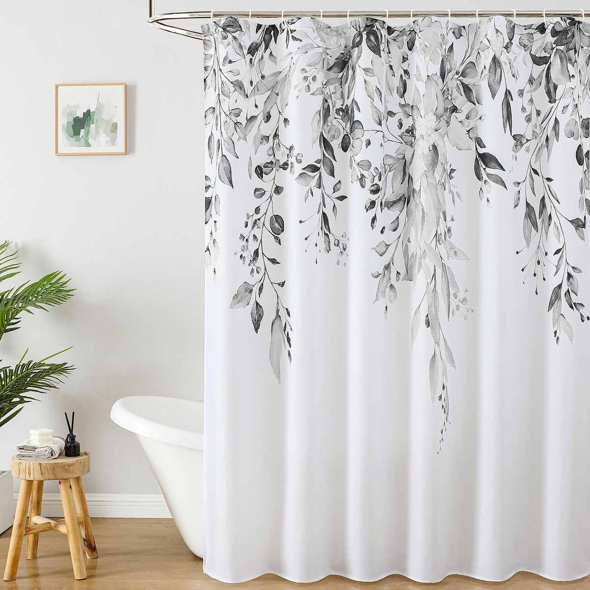Colorful Star Grey Eucalyptus Floral Shower Curtain with Hooks, 72"W x 84"L