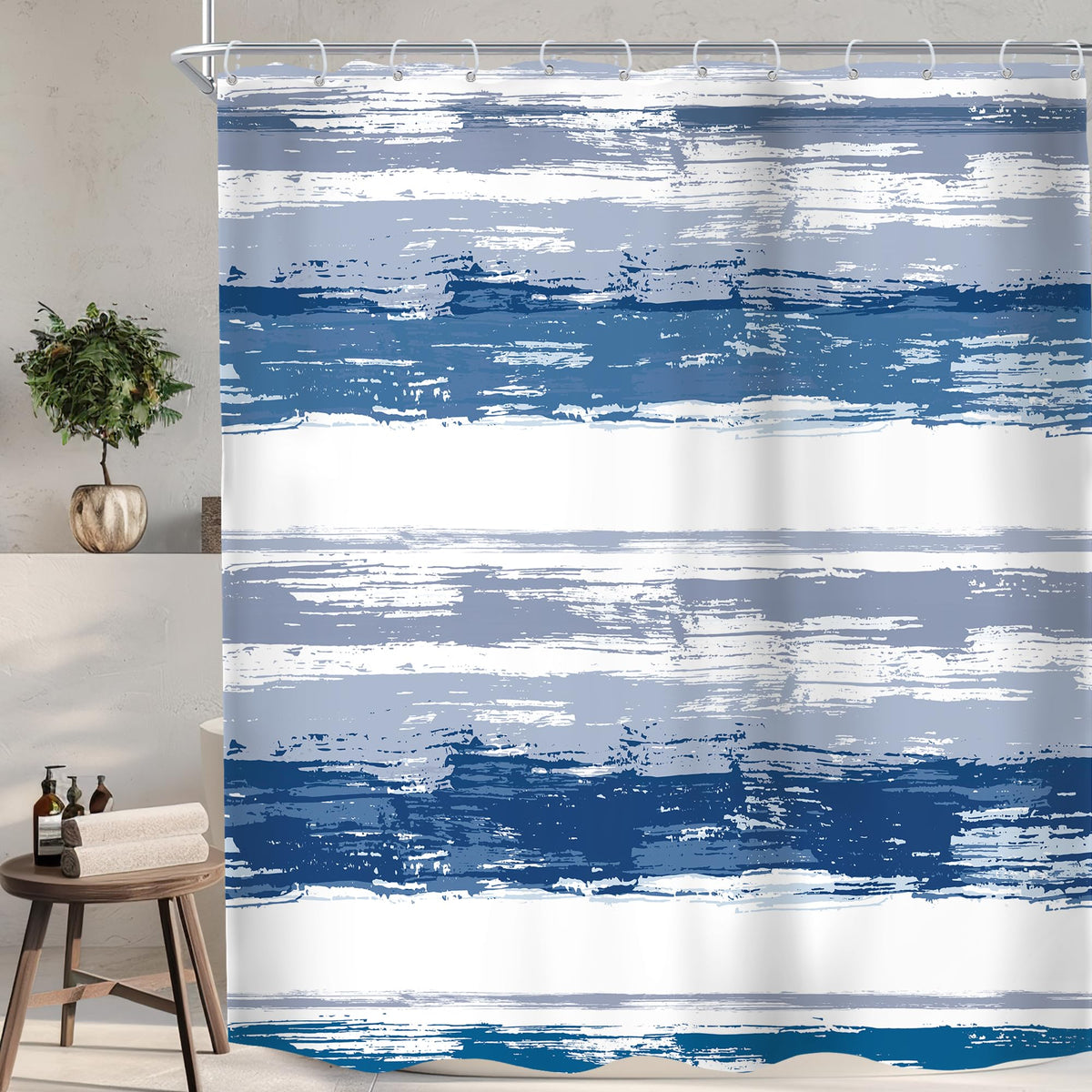 Abstract Blue Modern Gray Striped Minimalist Bathroom Shower Curtain Set