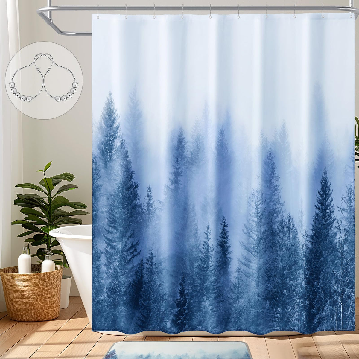 ORTIGIA Black and White Misty Forest Shower Curtain for Bathroom, Nature Woodland Curtain Set with Hooks, Decorative Pine Tree Fog Magic Bath Decor for Home Weighted, 72x72