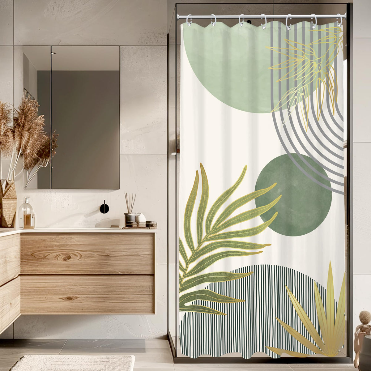 KOMLLEX Mid Century Green Boho Shower Curtain, Abstract Modern Shower Curtains for Bathroom, Plant Botanical Minimalist Leaf Arch Sun Fabric Liner Waterproof Polyester 12 Pack Hooks 60Wx72L Inches