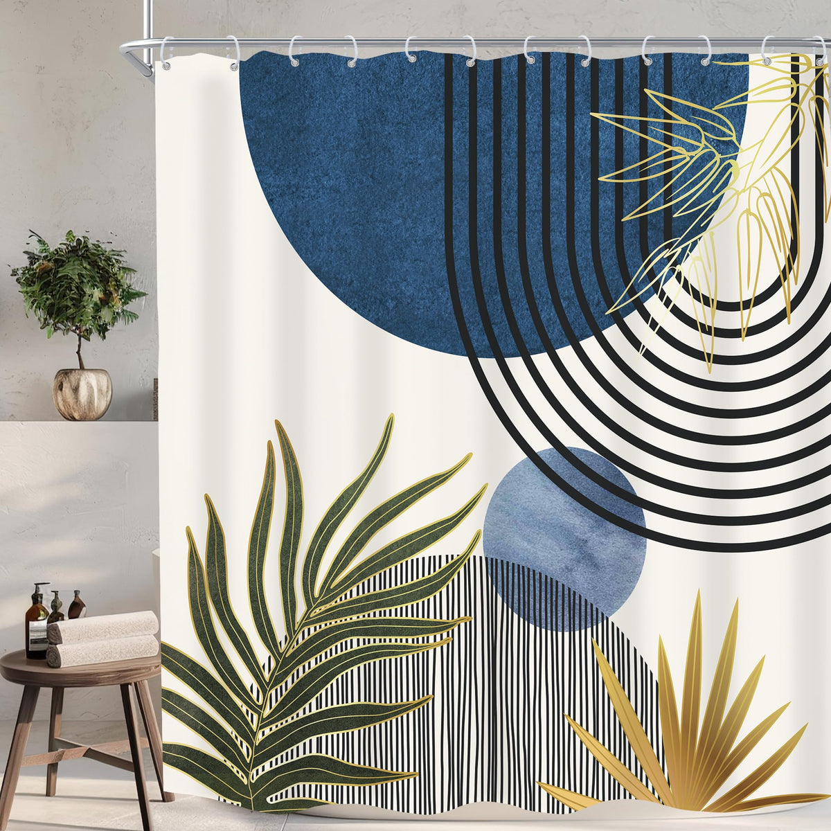KOMLLEX Mid Century Green Boho Shower Curtain, Abstract Modern Shower Curtains for Bathroom, Plant Botanical Minimalist Leaf Arch Sun Fabric Liner Waterproof Polyester 12 Pack Hooks 60Wx72L Inches