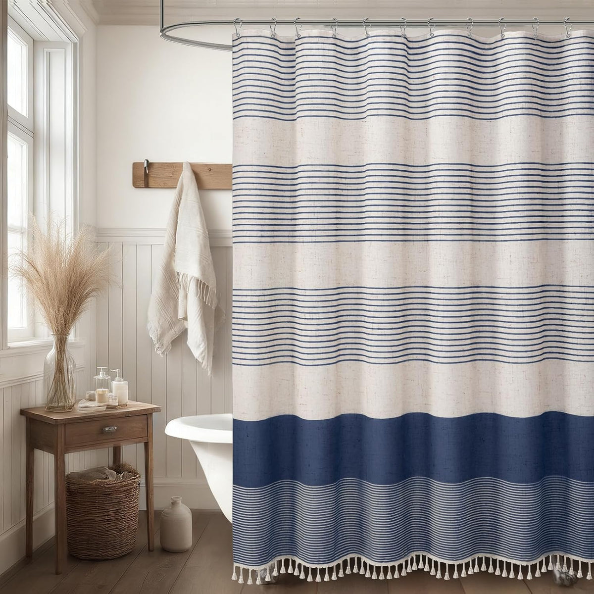 Navy Blue Coastal Ocean Linen Striped Shower Curtain with Tassel 72W X 72L