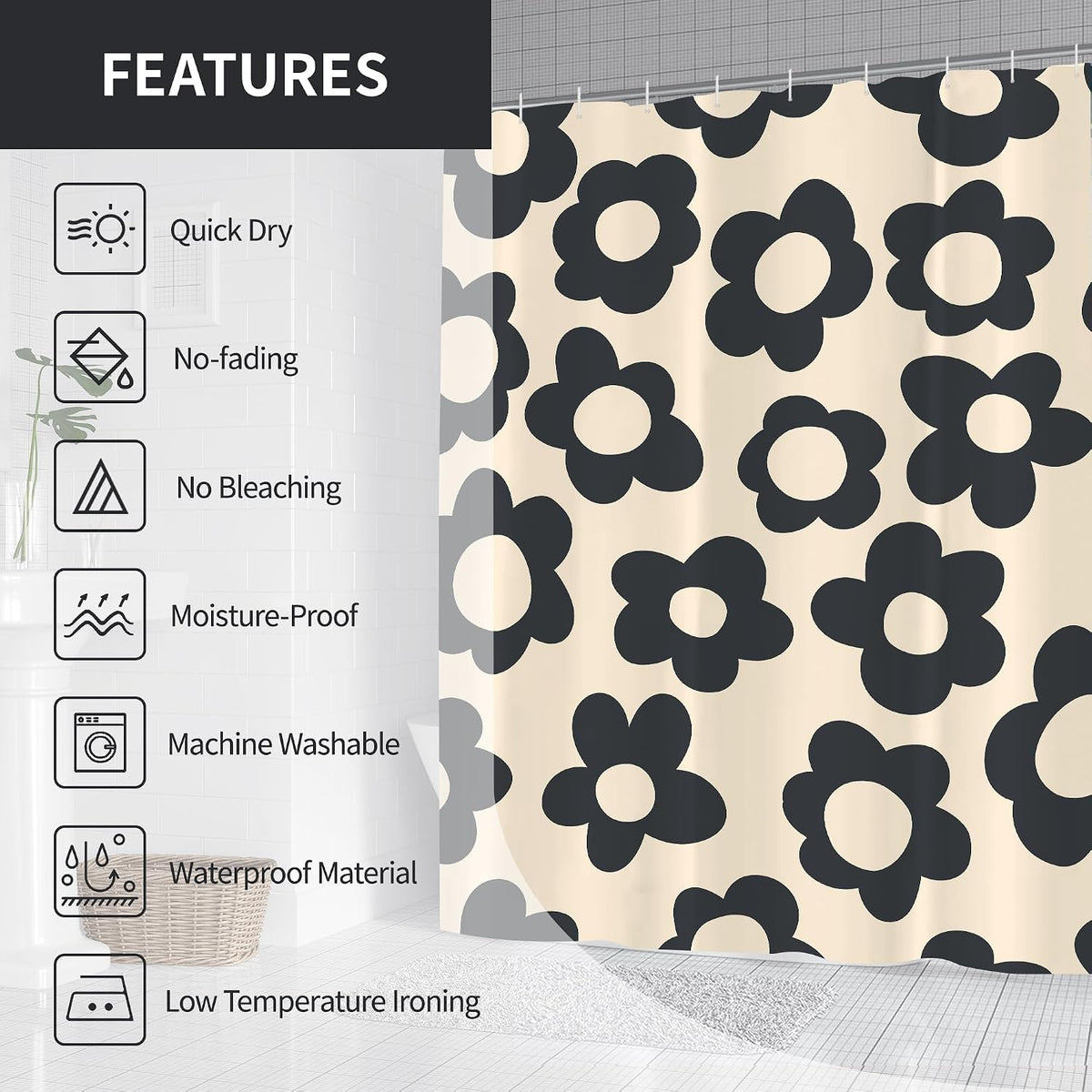 Black Cute Retro Floral Abstract 70s Aesthetic 72W*72H Inch Shower Curtain