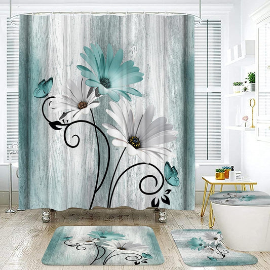 Onalasyc 4PCS Teal Daisy Floral Bathroom Sets with Shower Curtain and Rugs