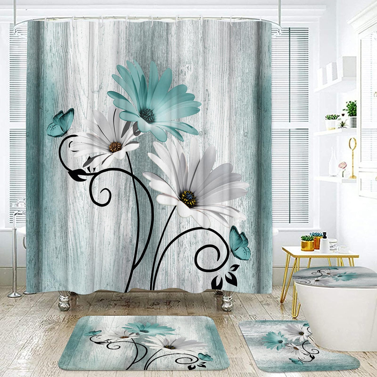 Onalasyc 4PCS Teal Daisy Floral Bathroom Sets with Shower Curtain and Rugs