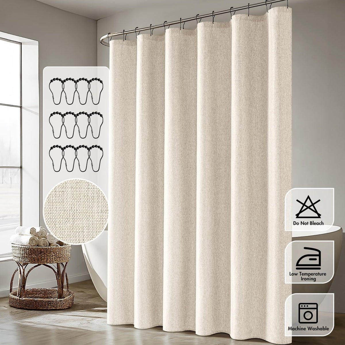 ANRODUO Cream Beige Linen Textured Fabric Shower Curtain Set - W72xL72