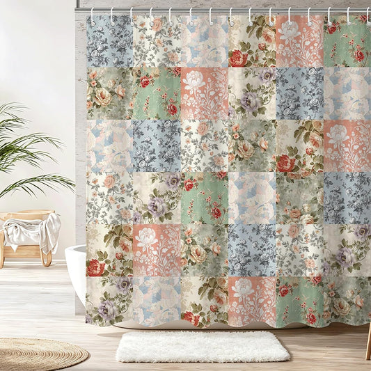 Shower Curtains for Bathroom, Boho Shower Curtain, Vintage Boho Pink Floral Bathroom Decor Bath Curtain, Mid Century Waterproof Retro Farmhouse Patchwork Floral Shower Curtain, 72 X 72 Inches