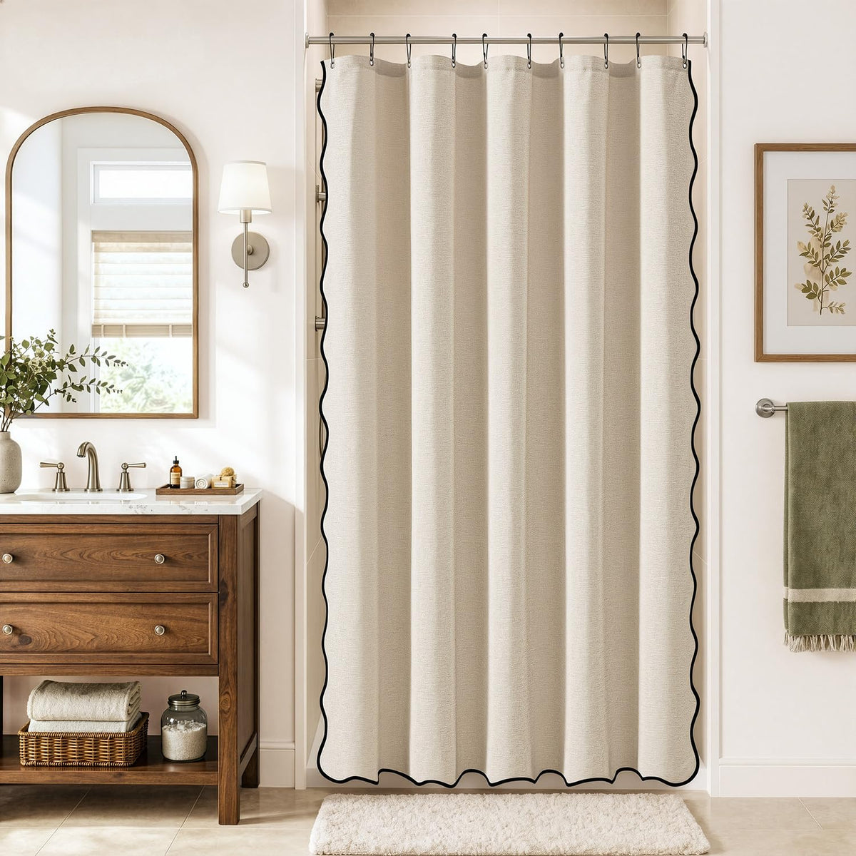 MIULEE Beige Scalloped Shower Curtain Linen Textured with 12 Metal Hooks Cute Heavy Duty Washable Waterproof Neutral Thick Cloth Shower Curtains with Black Border for Bathroom Bathtub,W72*L72 Cream