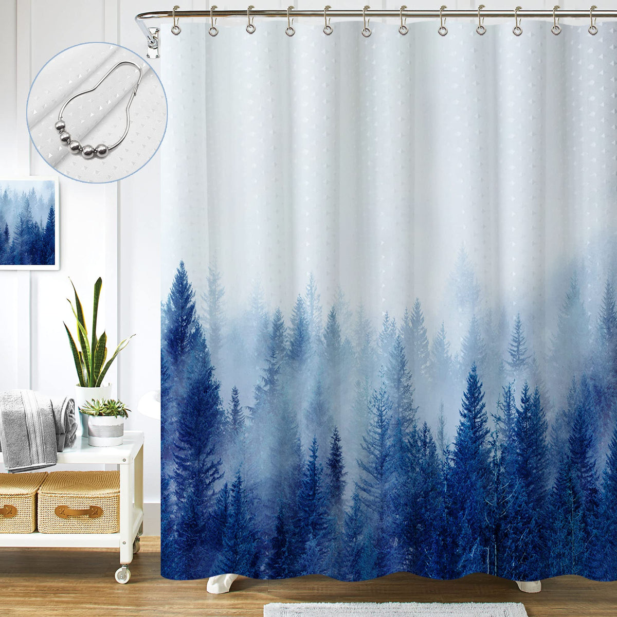 ORTIGIA Black and White Misty Forest Shower Curtain for Bathroom, Nature Woodland Curtain Set with Hooks, Decorative Pine Tree Fog Magic Bath Decor for Home Weighted, 72x72