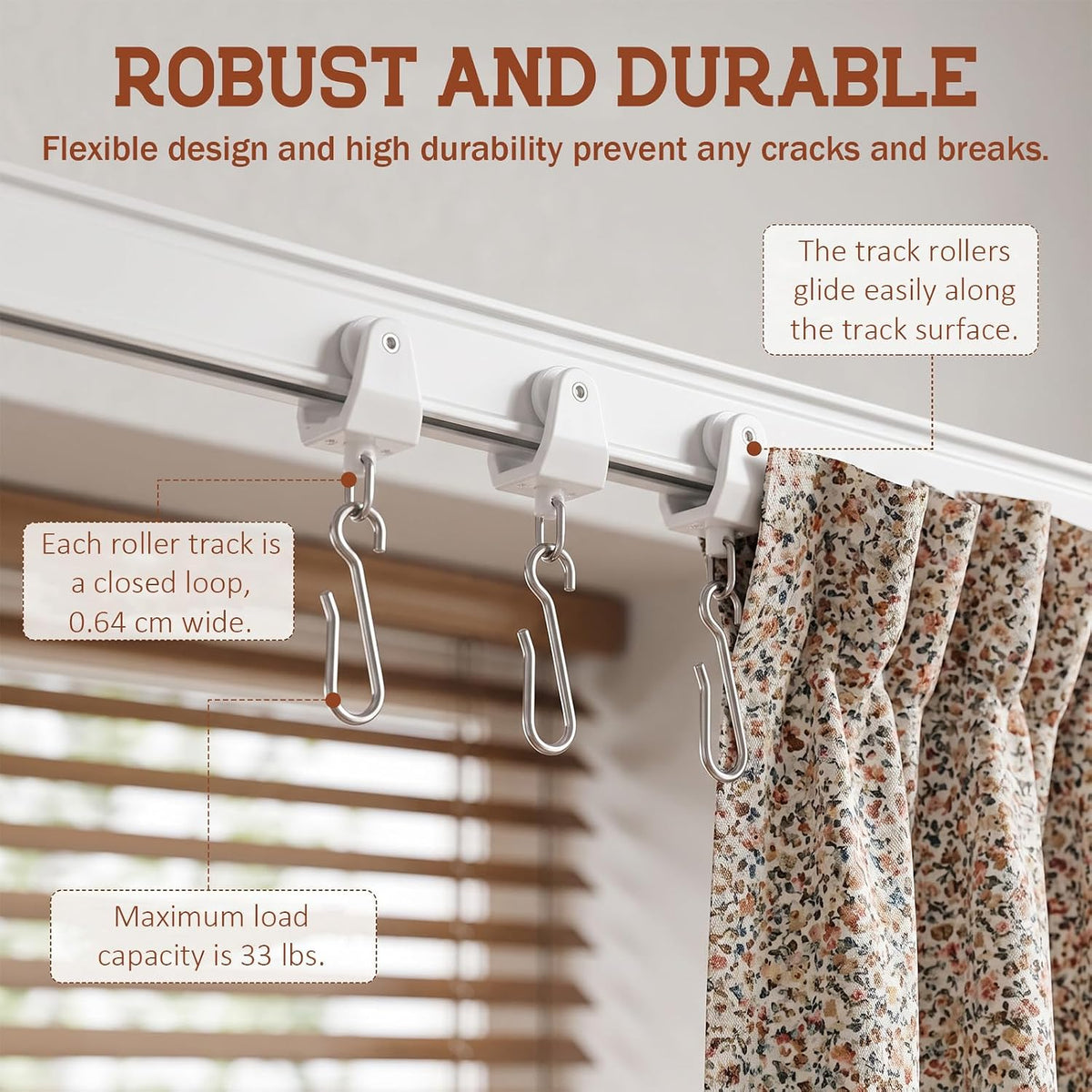 30 PCS Curtain Track Rollers with 30 PCS Hooks Flexible Bendable White