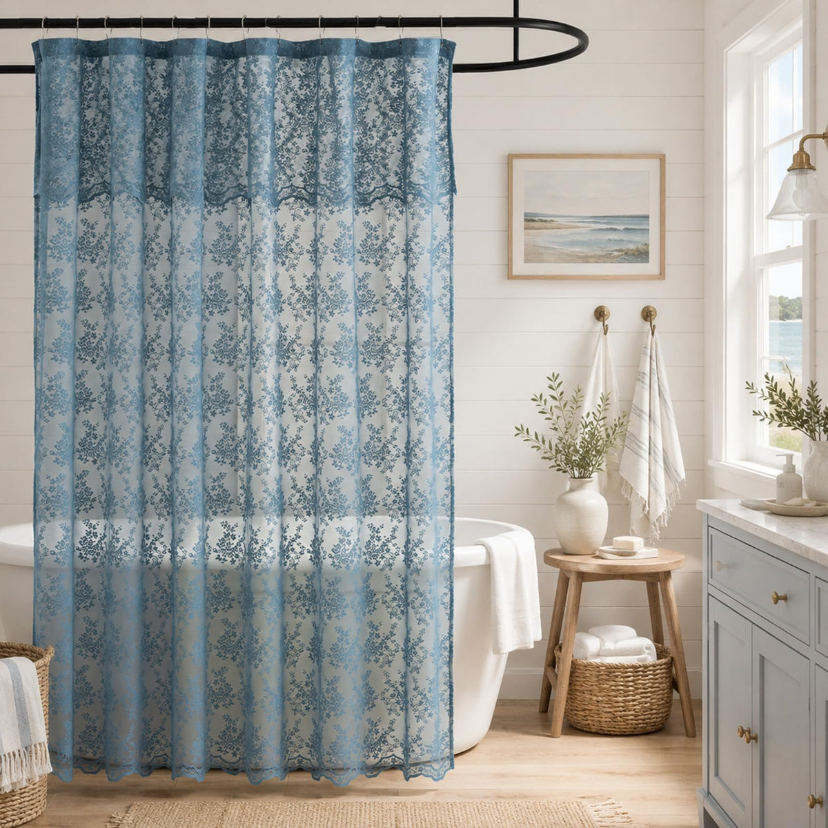 TUDECO Pink Lace Shower Curtain with Attached Valance, 72x72 Inch, 1 Panel