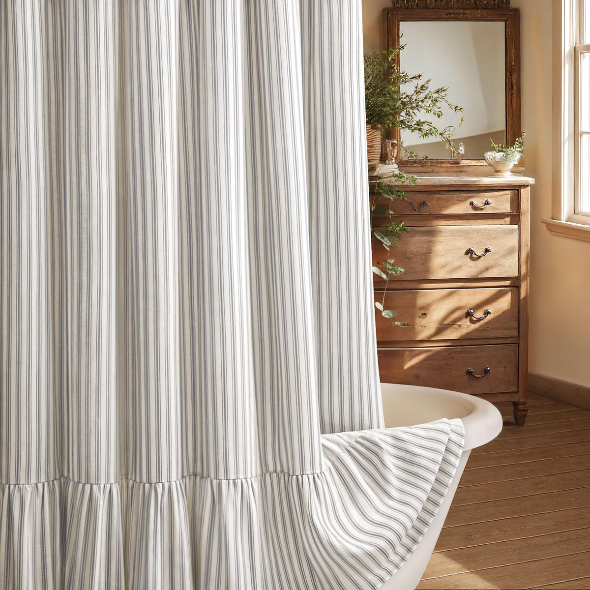 Farmhouse Shower Curtain Ruffle Linen Cream-Green Stripe 72"W x 72"L