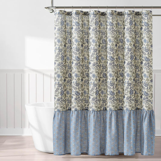 Lush Decor Lillian Block Print Linen Textured Shower Curtain Single 72" W x 72" L Blue & Sage - Vintage Floral Shower Curtains - Ruffled Bath Curtain