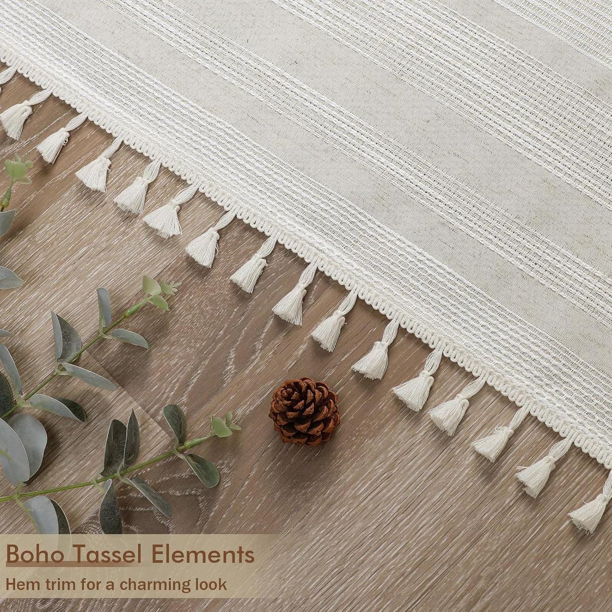 OVZME Natural Linen Shower Curtain for Bathroom, Boho Farmhouse Rustic Striped Shower Curtain with Tassel, Textured Heavy Duty Vintage Country Bathroom Curtain, 72Wx72L Inches
