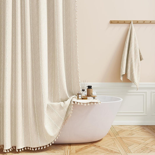 BTTN Cream Boho Farmhouse Linen Heavy Duty Shower Curtain Set, 72x72, Beige