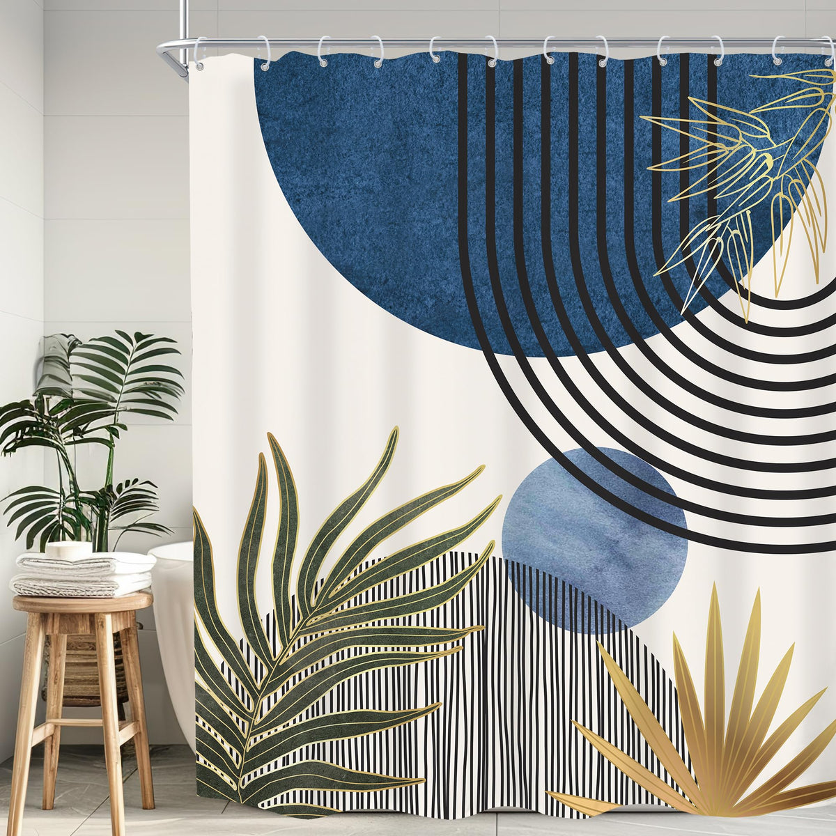 KOMLLEX Mid Century Green Boho Shower Curtain, Abstract Modern Shower Curtains for Bathroom, Plant Botanical Minimalist Leaf Arch Sun Fabric Liner Waterproof Polyester 12 Pack Hooks 60Wx72L Inches