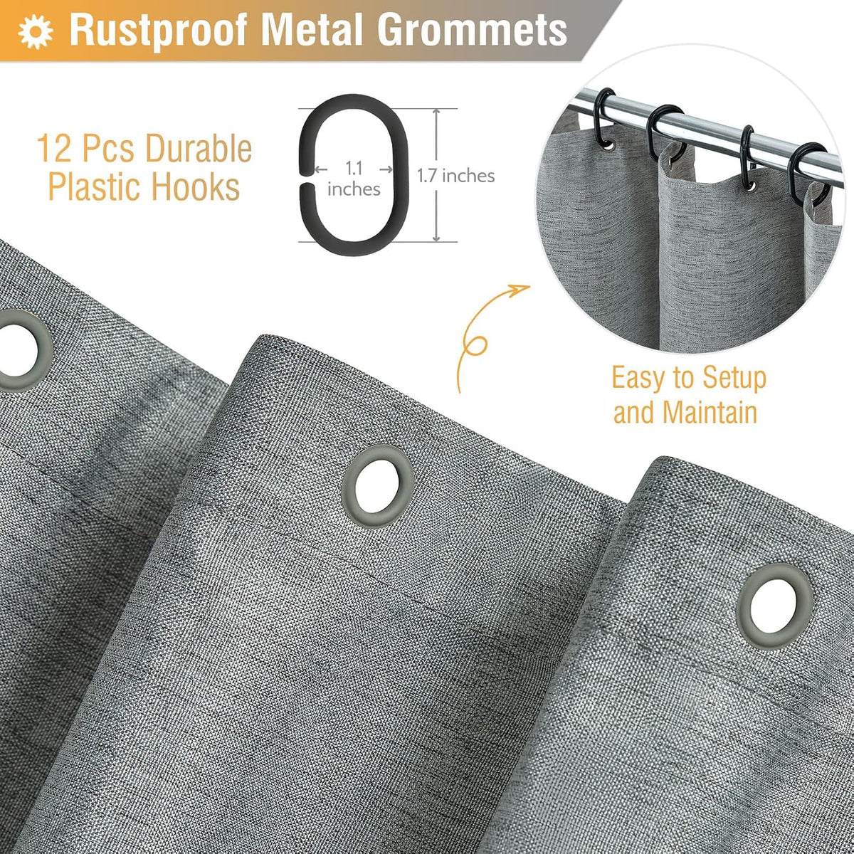 BTTN Grey Linen Textured Waterproof Fabric Shower Curtain Set, 72x72, Gray