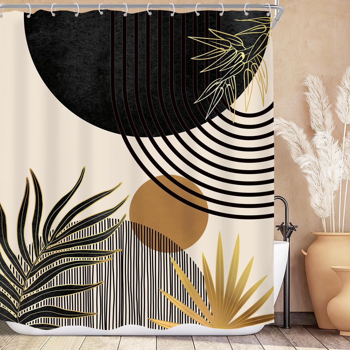 KOMLLEX Mid Century Green Boho Shower Curtain, Abstract Modern Shower Curtains for Bathroom, Plant Botanical Minimalist Leaf Arch Sun Fabric Liner Waterproof Polyester 12 Pack Hooks 60Wx72L Inches