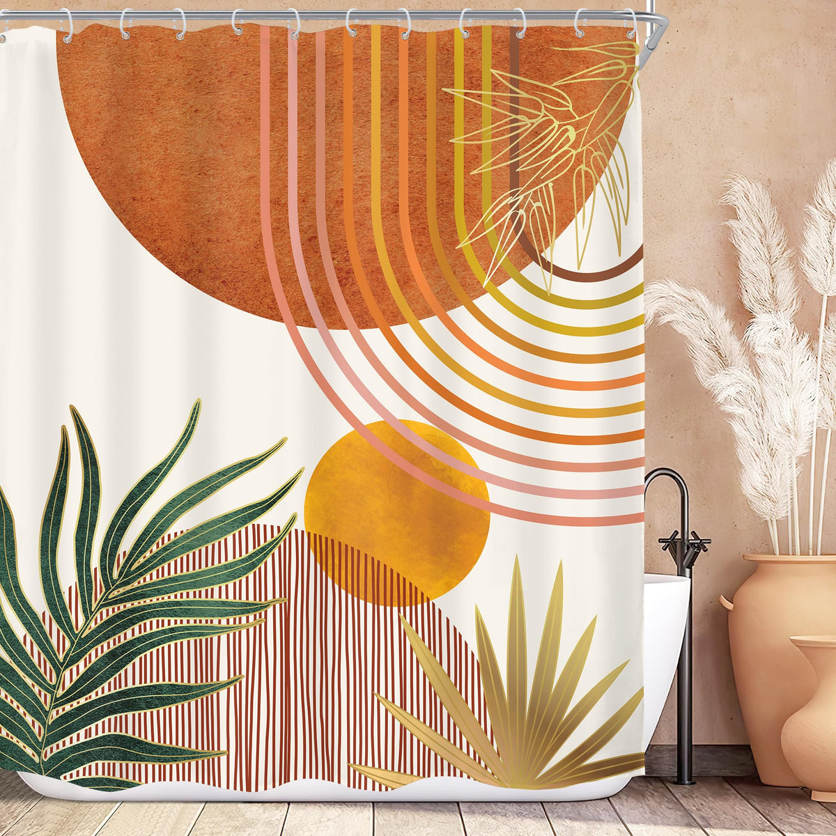 KOMLLEX Mid Century Green Boho Shower Curtain, Abstract Modern Shower Curtains for Bathroom, Plant Botanical Minimalist Leaf Arch Sun Fabric Liner Waterproof Polyester 12 Pack Hooks 60Wx72L Inches