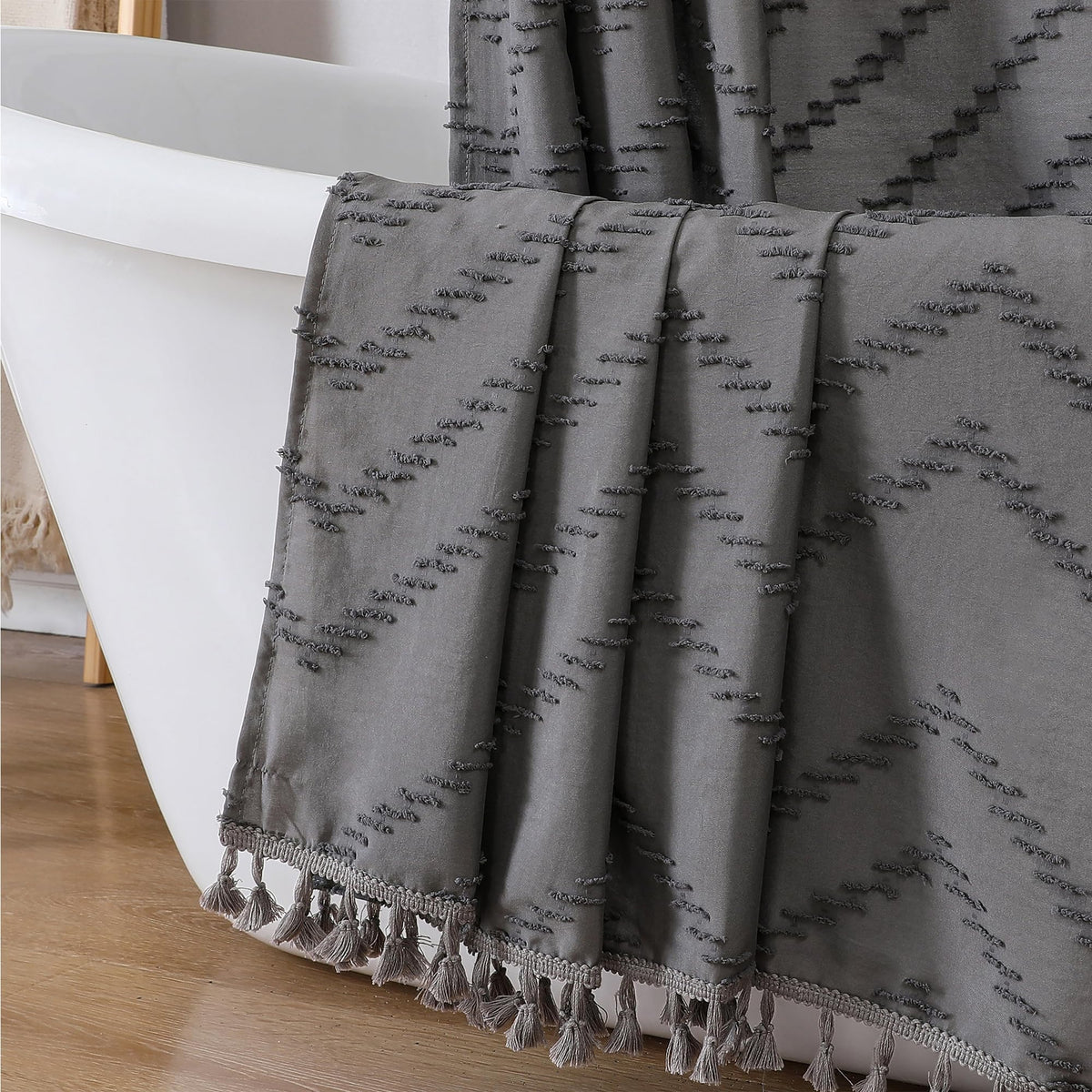 OWENIE Boho Shower Curtain, White Fabric Cloth Shower Curtains Farmhouse Tufted Chevron Striped Textured with Tassel for Bathroom, Soft Hotel Style Modern Minimalist, Machine Washable, 72x72, White