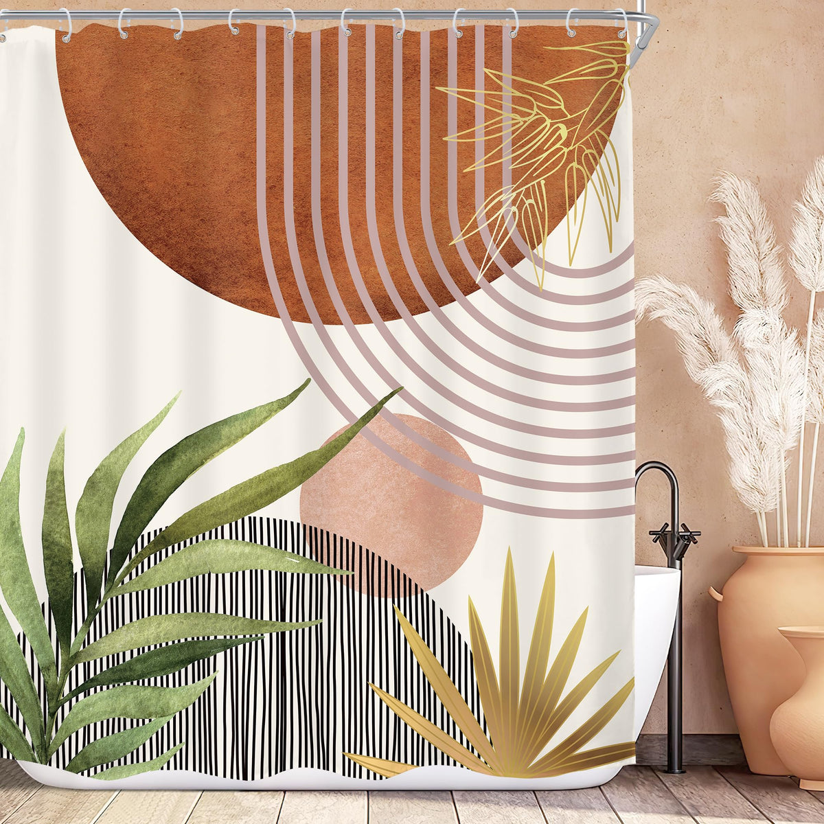 KOMLLEX Mid Century Green Boho Shower Curtain, Abstract Modern Shower Curtains for Bathroom, Plant Botanical Minimalist Leaf Arch Sun Fabric Liner Waterproof Polyester 12 Pack Hooks 60Wx72L Inches